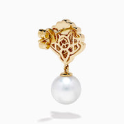 The 14K Yellow Gold Freshwater Pearl and Diamond Shell Drop Earrings feature a shell design with small diamonds and a large freshwater pearl drop, shown against a white background.