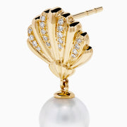 The 14K Yellow Gold Freshwater Pearl and Diamond Shell Drop Earrings feature a shell design with small diamonds and a large freshwater pearl drop, shown against a white background.