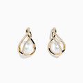 The 14K Yellow Gold Diamond Fresh Water Pearl Drop Earrings feature a teardrop design with a central pearl and sparkling diamonds on gold curves, set against a white background—ideal for those seeking refined diamond earrings.