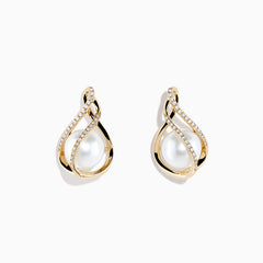 The 14K Yellow Gold Diamond Fresh Water Pearl Drop Earrings feature a teardrop design with a central pearl and sparkling diamonds on gold curves, set against a white background—ideal for those seeking refined diamond earrings.