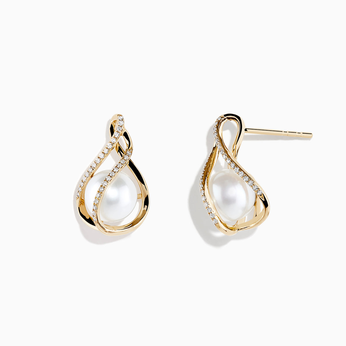 The 14K Yellow Gold Diamond Fresh Water Pearl Drop Earrings feature a teardrop design with a central pearl and sparkling diamonds on gold curves, set against a white background—ideal for those seeking refined diamond earrings.