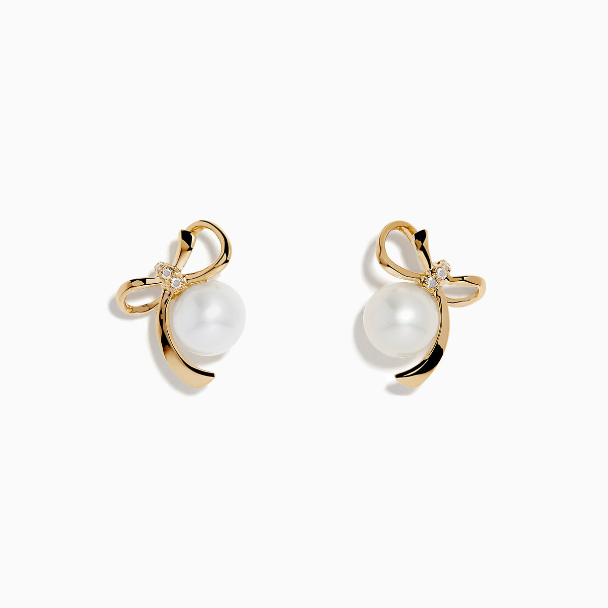14K Yellow Gold Diamond Fresh Water Pearl Earrings feature ribbon-shaped designs, each adorned with a freshwater pearl and a small diamond at the top, displayed against a plain white background.