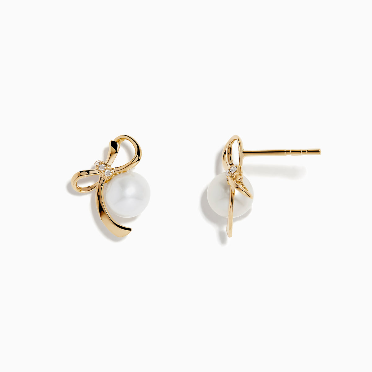 14K Yellow Gold Diamond Fresh Water Pearl Earrings feature ribbon-shaped designs, each adorned with a freshwater pearl and a small diamond at the top, displayed against a plain white background.