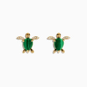 Seaside 14K Yellow Gold Malachite and Diamond Turtle Earrings showcase malachite shells and diamond-studded flippers, elegantly displayed on a white background.