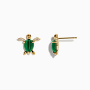 Seaside 14K Yellow Gold Malachite and Diamond Turtle Earrings showcase malachite shells and diamond-studded flippers, elegantly displayed on a white background.