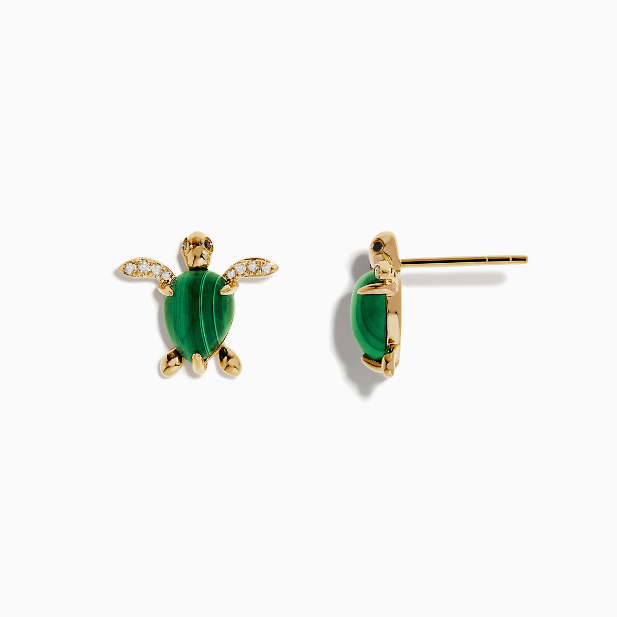 Seaside 14K Yellow Gold Malachite and Diamond Turtle Earrings showcase malachite shells and diamond-studded flippers, elegantly displayed on a white background.