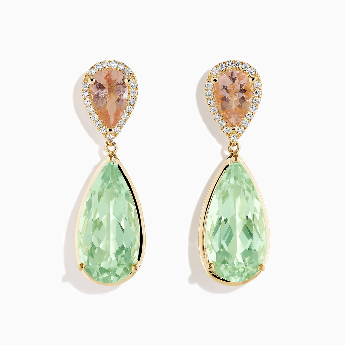 14K Yellow Gold Green Amethyst, Morganite and Diamond Drop Earrings