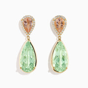 14K Yellow Gold Green Amethyst, Morganite and Diamond Drop Earrings