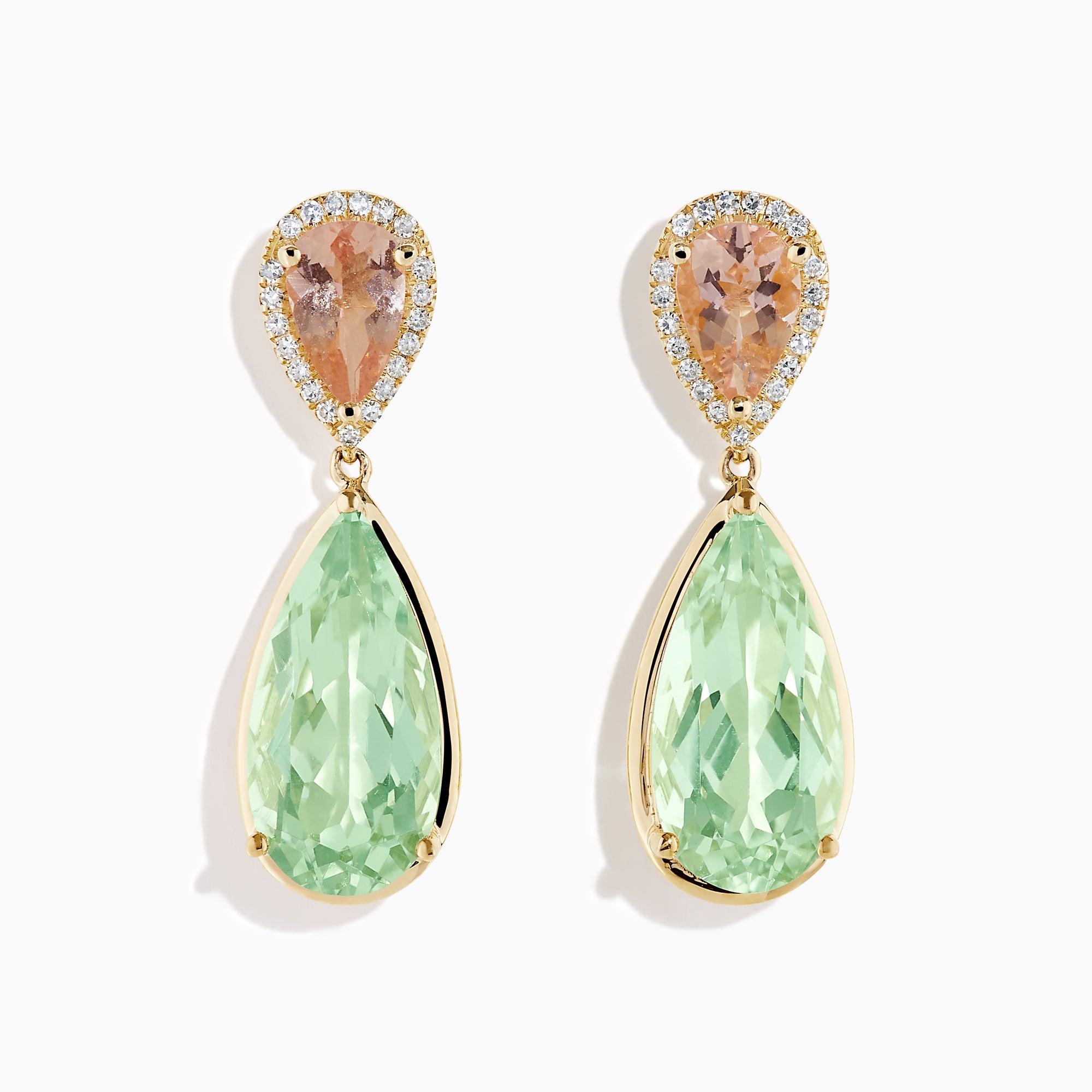 14K Yellow Gold Green Amethyst, Morganite and Diamond Drop Earrings
