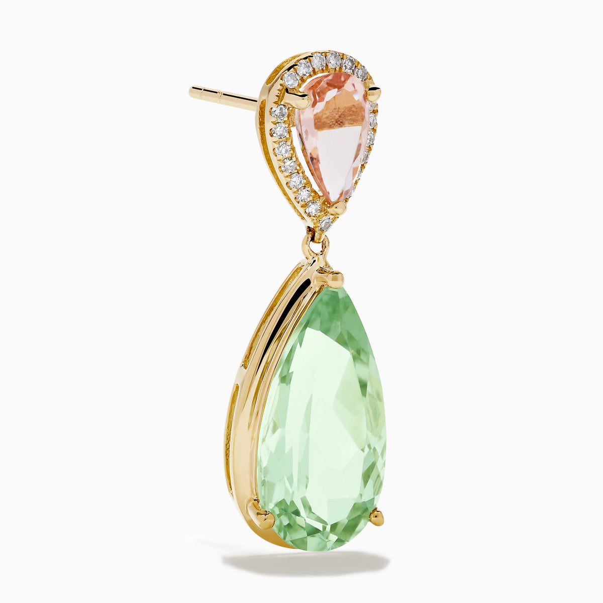 14K Yellow Gold Green Amethyst, Morganite and Diamond Drop Earrings