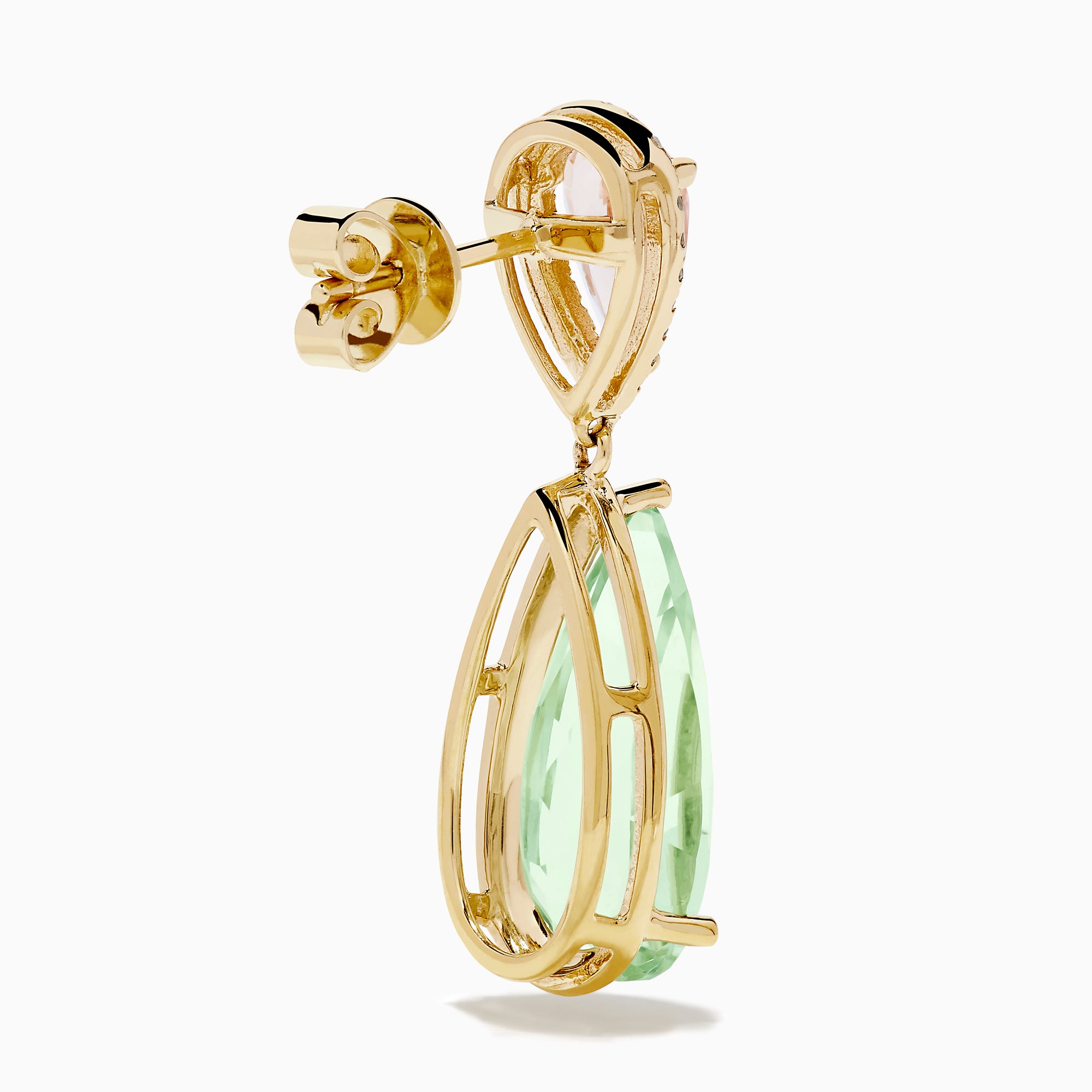 14K Yellow Gold Green Amethyst, Morganite and Diamond Drop Earrings