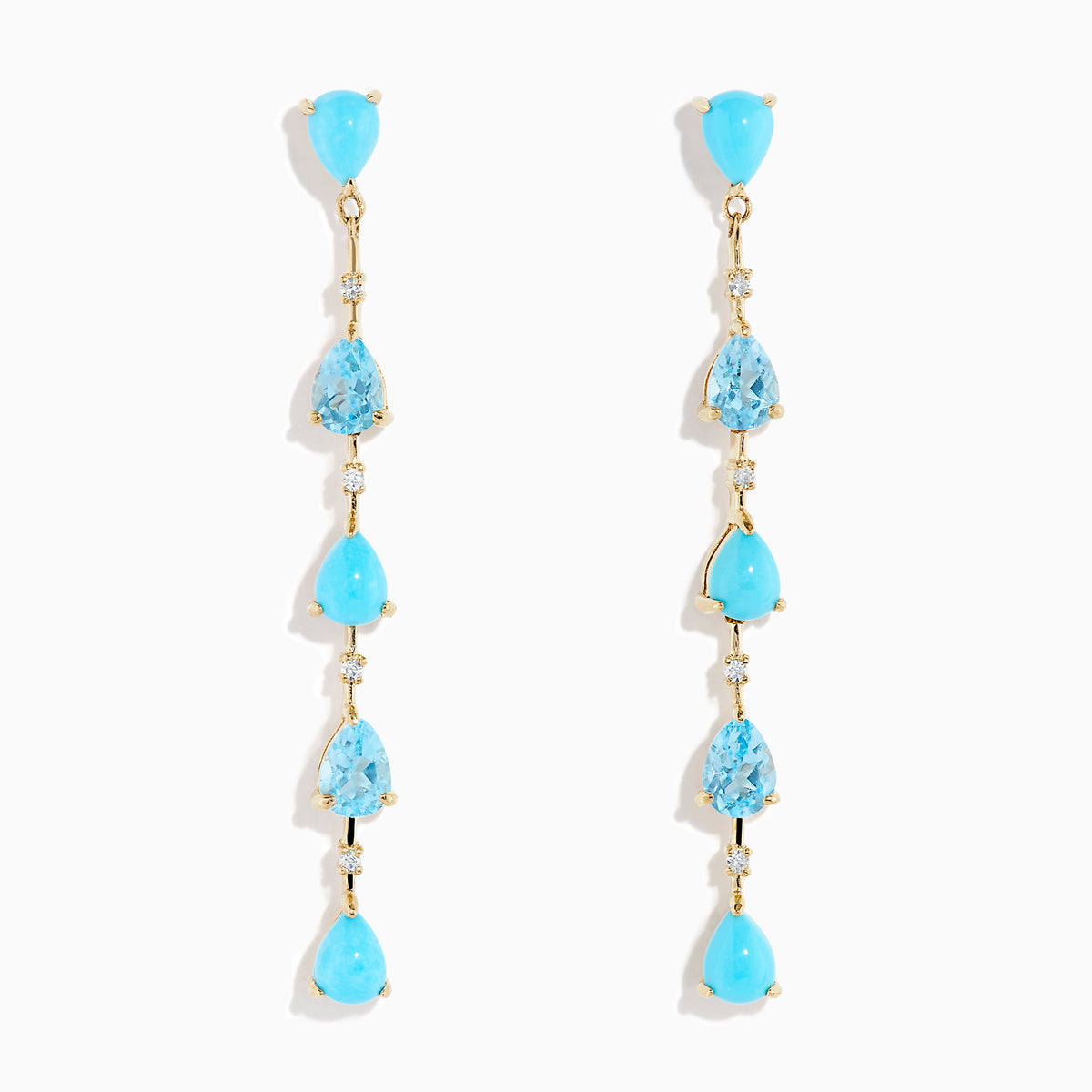 14K Yellow Gold Turquoise, Blue Topaz and Diamond Linear Drop Earrings