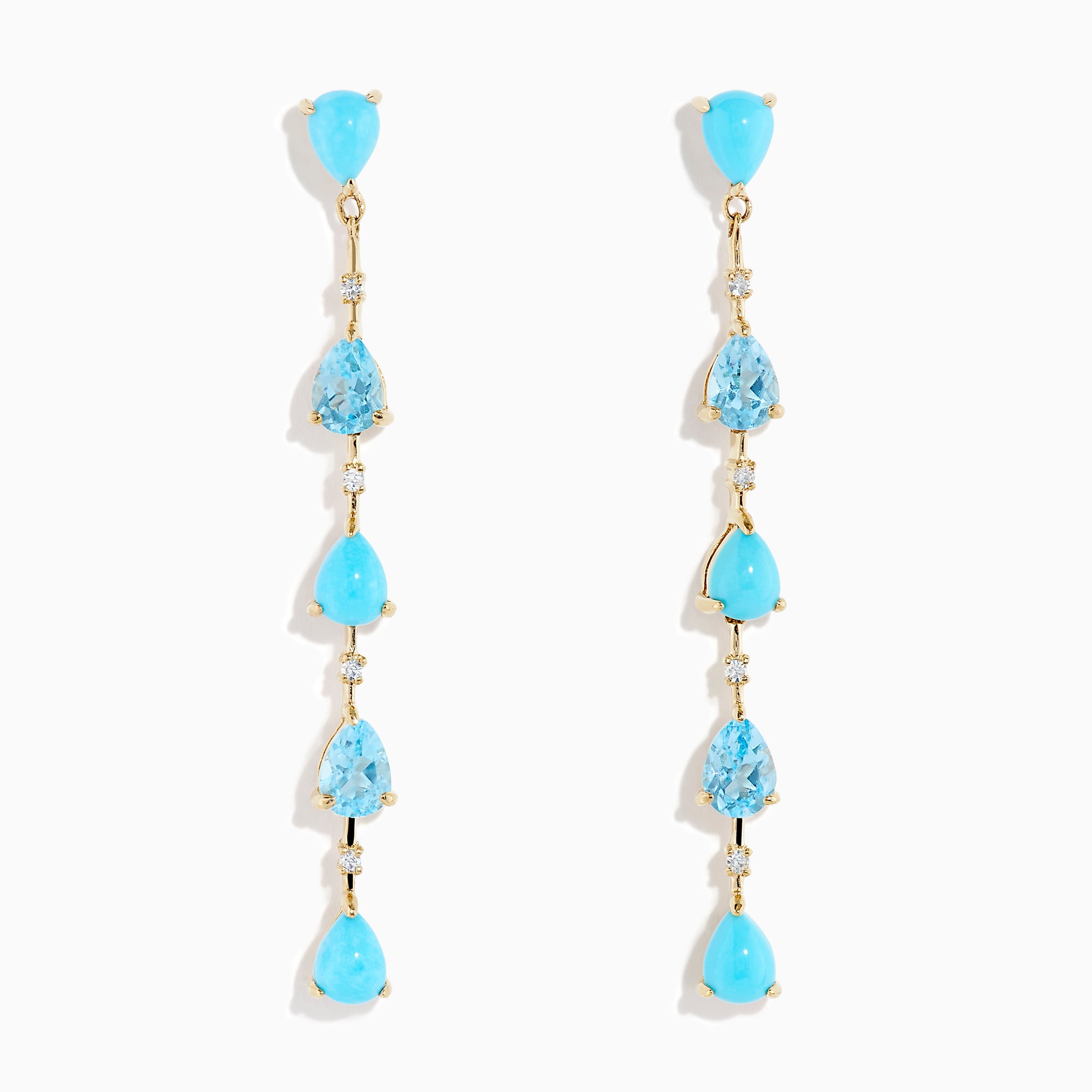 14K Yellow Gold Turquoise, Blue Topaz and Diamond Linear Drop Earrings