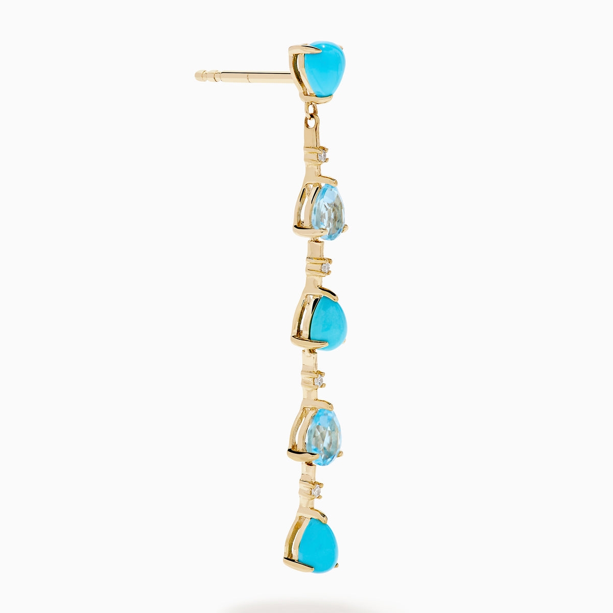 14K Yellow Gold Turquoise, Blue Topaz and Diamond Linear Drop Earrings