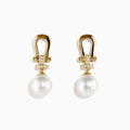 14K Yellow Gold Fresh Water Pearl and Diamond Horseshoe Drop Earrings with sparkling accents and large round pearls, elegantly displayed on a plain white background.