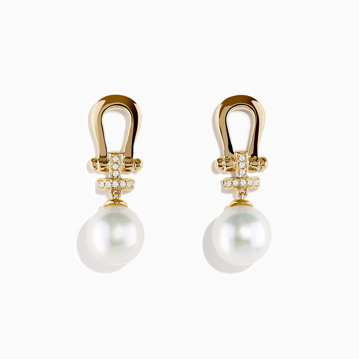 14K Yellow Gold Fresh Water Pearl and Diamond Horseshoe Drop Earrings with sparkling accents and large round pearls, elegantly displayed on a plain white background.