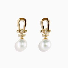 14K Yellow Gold Fresh Water Pearl and Diamond Horseshoe Drop Earrings with sparkling accents and large round pearls, elegantly displayed on a plain white background.