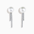 The 14K White Gold Cultured Pearl and Diamond Drop Earrings feature round cultured pearls atop two vertical rows of sparkling diamonds, all set against a plain white background.