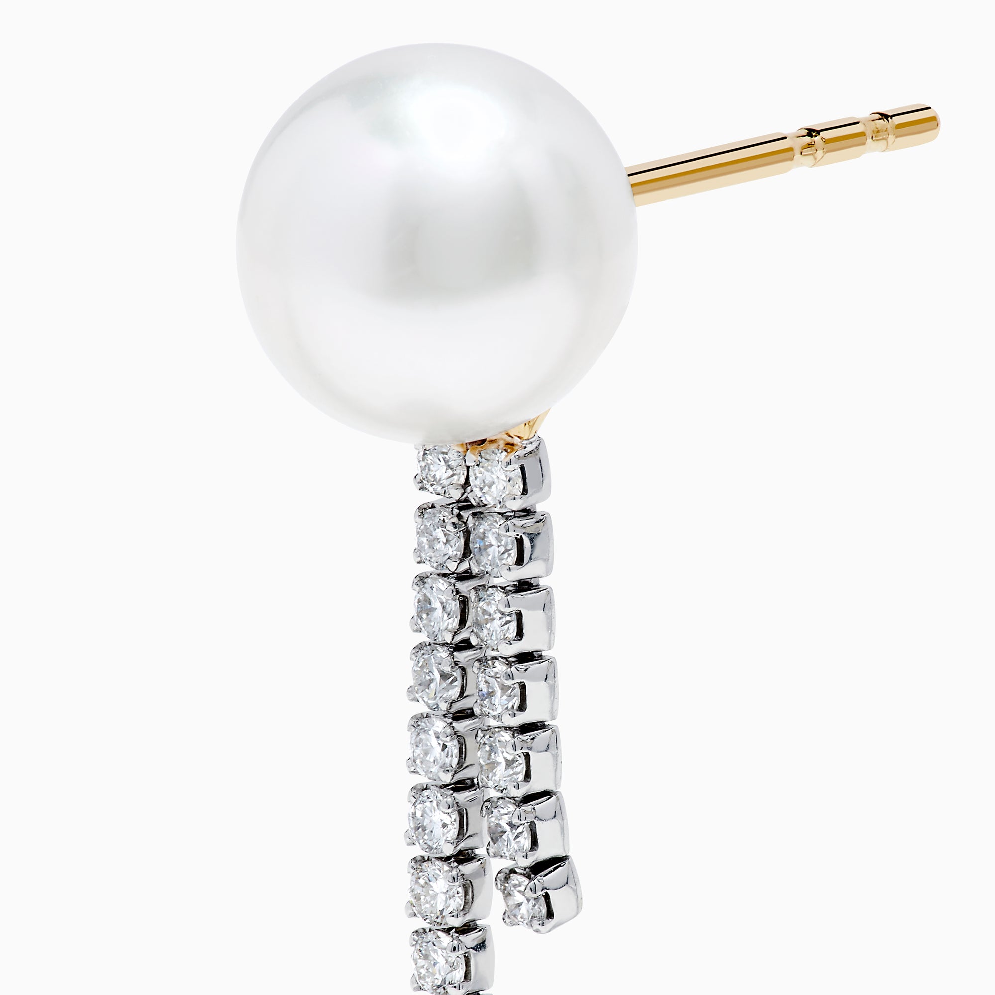 The 14K White Gold Cultured Pearl and Diamond Drop Earrings feature round cultured pearls atop two vertical rows of sparkling diamonds, all set against a plain white background.