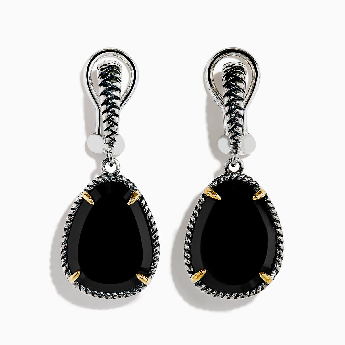 The Eclipse 925 Sterling Silver and 18K Yellow Gold Onyx Earrings feature teardrop black stones set with twisted rope details and gold prongs, shown against a white background.