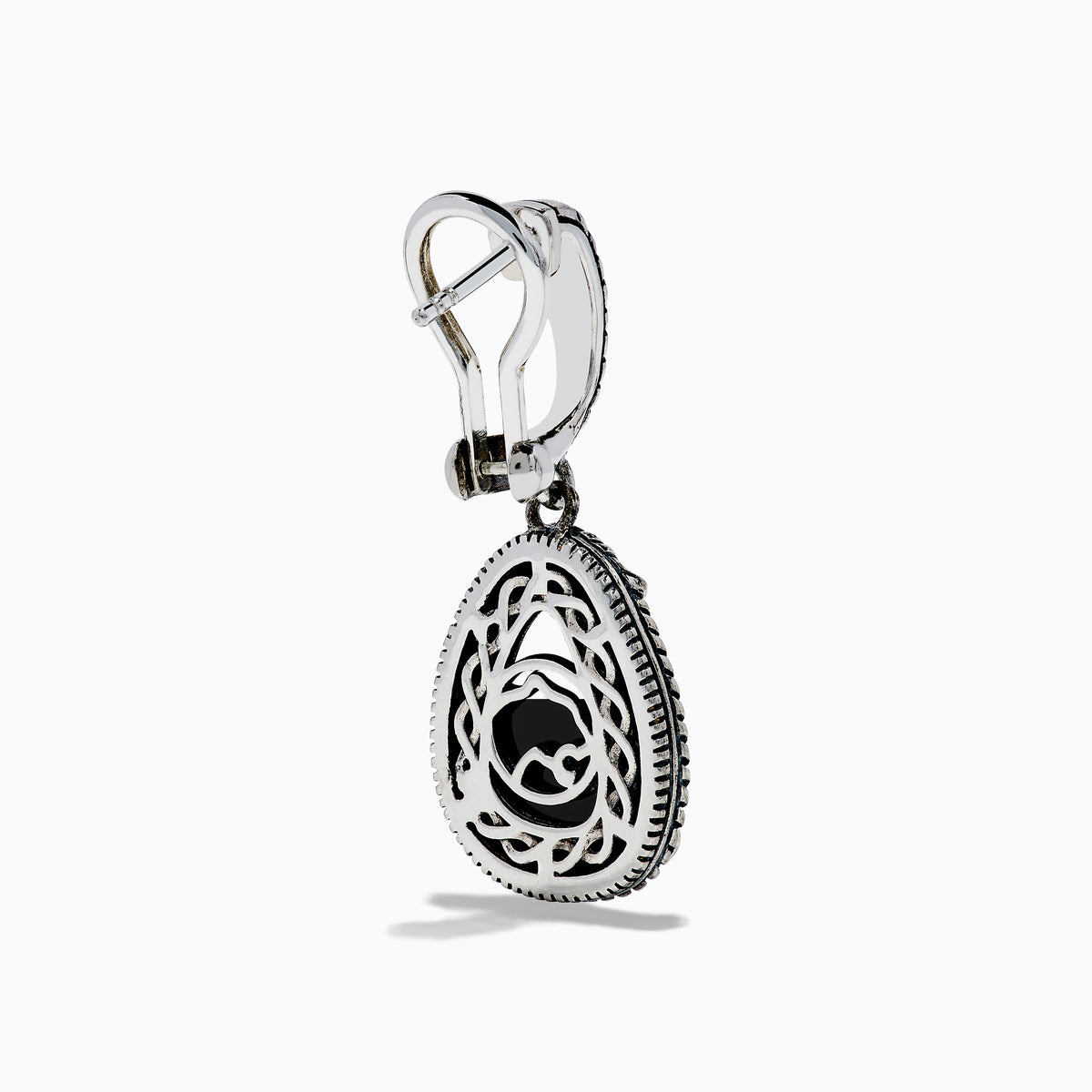 The Eclipse 925 Sterling Silver and 18K Yellow Gold Onyx Earrings feature teardrop black stones set with twisted rope details and gold prongs, shown against a white background.