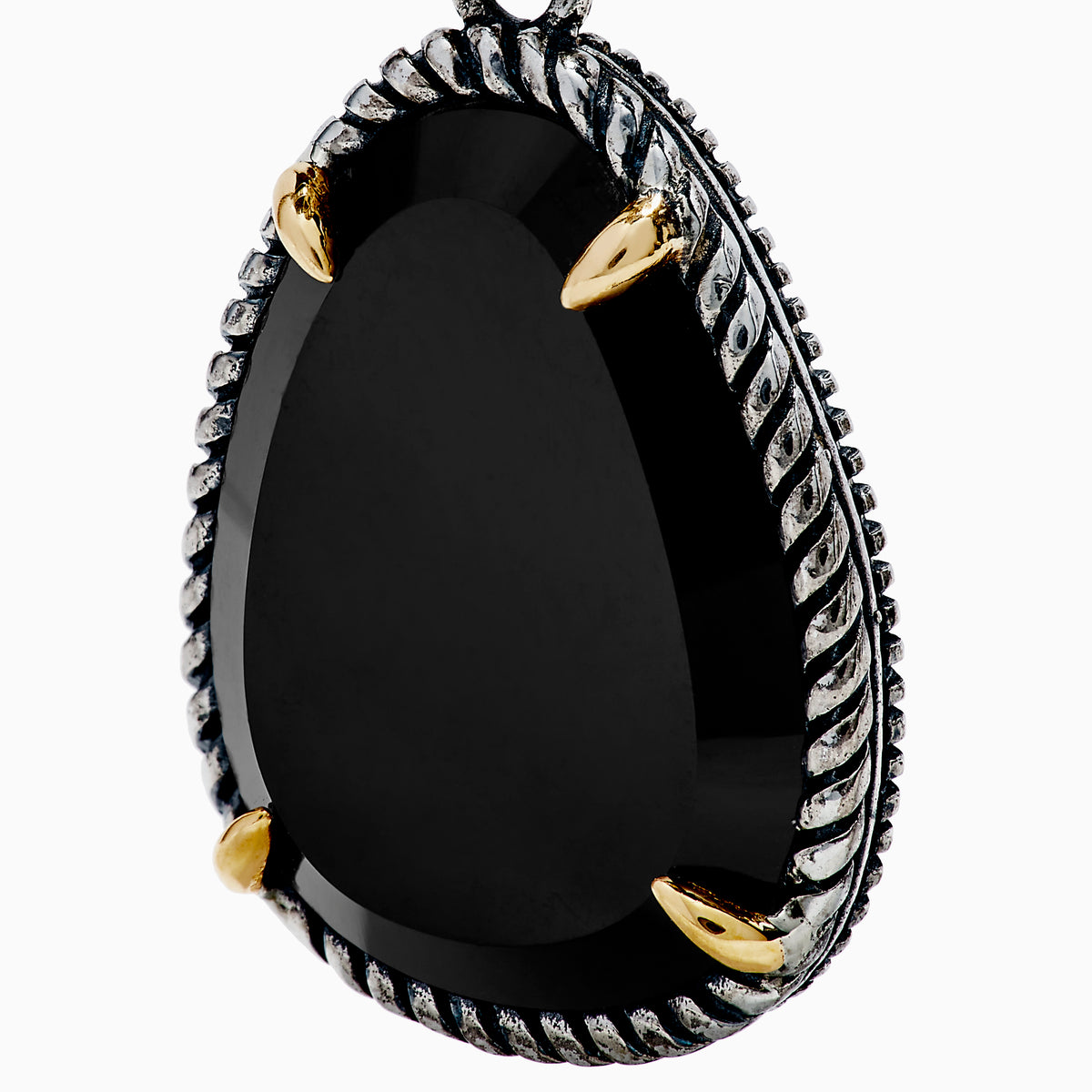 The Eclipse 925 Sterling Silver and 18K Yellow Gold Onyx Earrings feature teardrop black stones set with twisted rope details and gold prongs, shown against a white background.