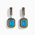 The Ocean Bleu 925 Sterling Silver and 18K Yellow Gold Blue Topaz Earrings feature rectangular gemstones in a twisted rope design with gold-accented posts, shown against a white background.