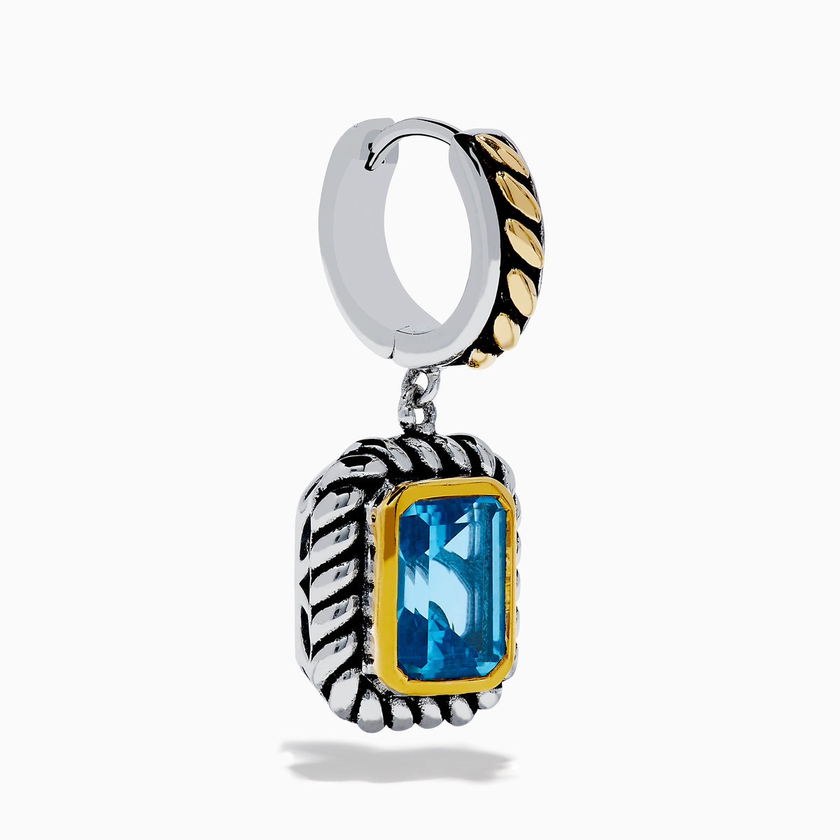 The Ocean Bleu 925 Sterling Silver and 18K Yellow Gold Blue Topaz Earrings feature rectangular gemstones in a twisted rope design with gold-accented posts, shown against a white background.