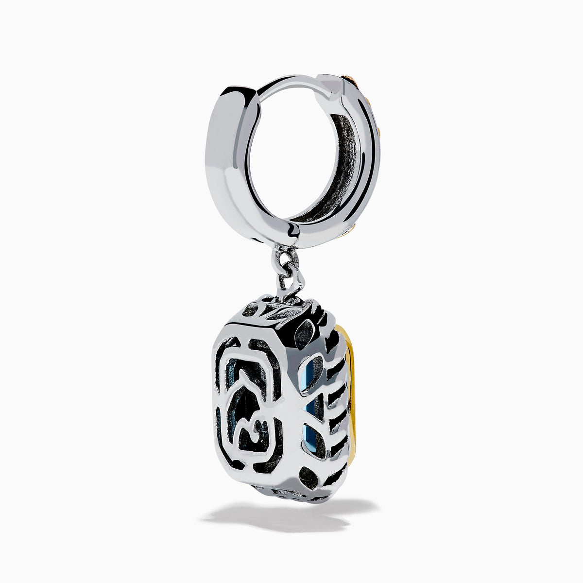 The Ocean Bleu 925 Sterling Silver and 18K Yellow Gold Blue Topaz Earrings feature rectangular gemstones in a twisted rope design with gold-accented posts, shown against a white background.