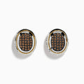 The Espresso 925 Sterling Silver and 18K Yellow Gold Espresso Diamond Earrings feature oval clusters of small brown stones set against a black background, bordered by sterling silver with yellow gold accents.