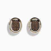 The Espresso 925 Sterling Silver and 18K Yellow Gold Espresso Diamond Earrings feature oval clusters of small brown stones set against a black background, bordered by sterling silver with yellow gold accents.