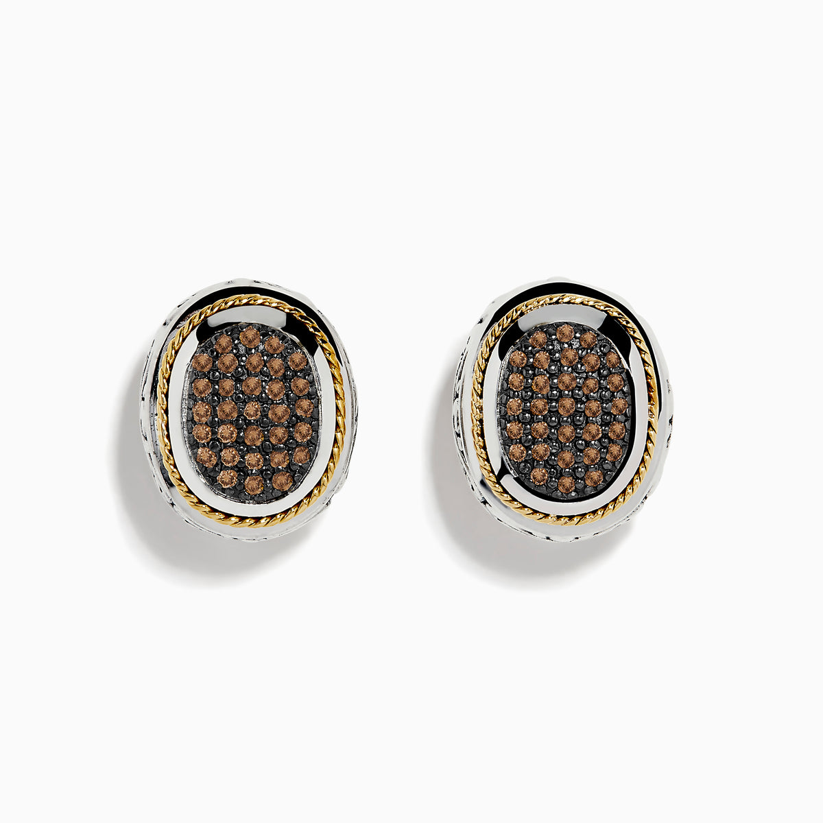 The Espresso 925 Sterling Silver and 18K Yellow Gold Espresso Diamond Earrings feature oval clusters of small brown stones set against a black background, bordered by sterling silver with yellow gold accents.