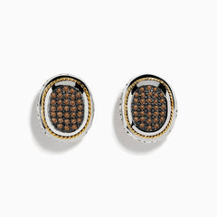 The Espresso 925 Sterling Silver and 18K Yellow Gold Espresso Diamond Earrings feature oval clusters of small brown stones set against a black background, bordered by sterling silver with yellow gold accents.