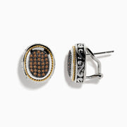 The Espresso 925 Sterling Silver and 18K Yellow Gold Espresso Diamond Earrings feature oval clusters of small brown stones set against a black background, bordered by sterling silver with yellow gold accents.