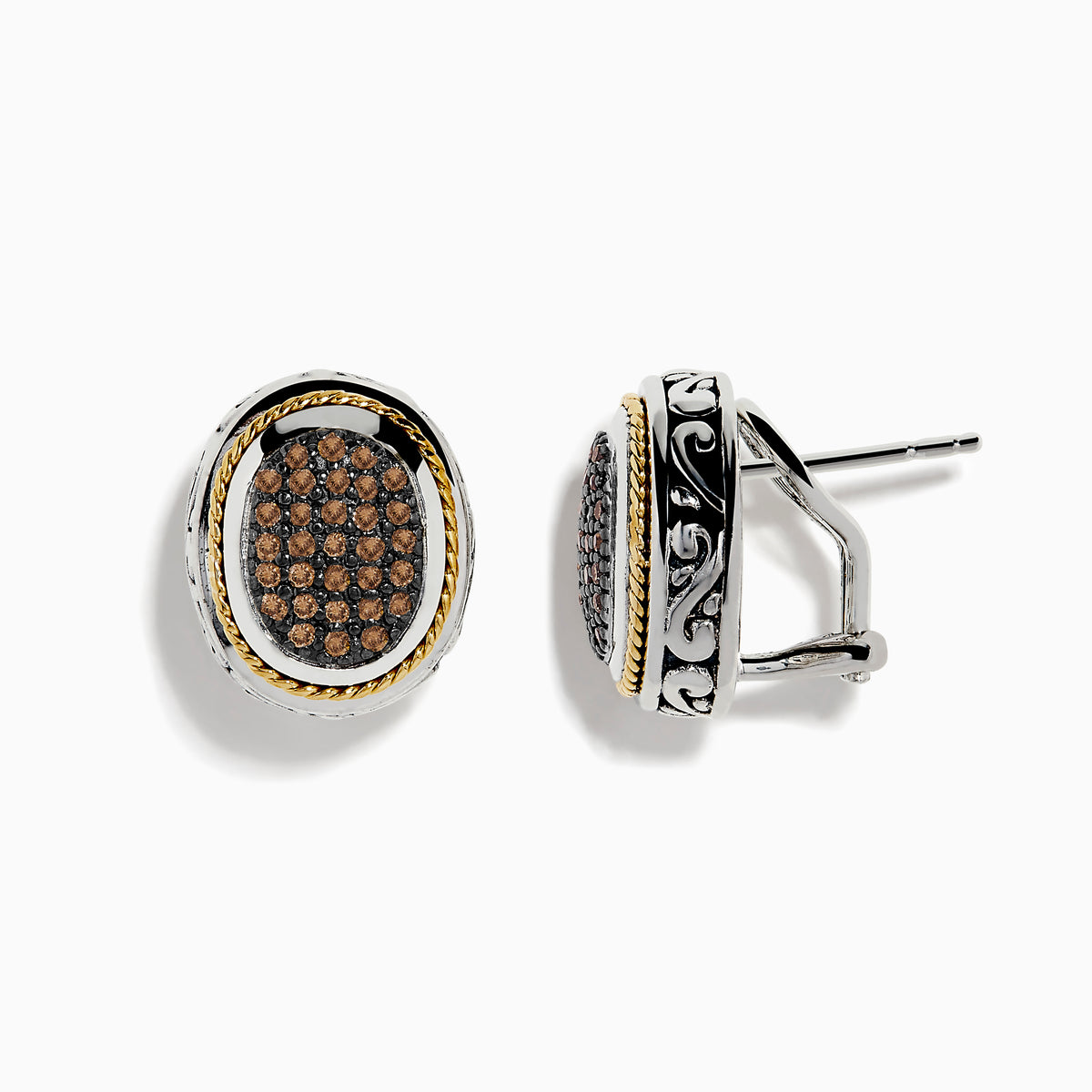The Espresso 925 Sterling Silver and 18K Yellow Gold Espresso Diamond Earrings feature oval clusters of small brown stones set against a black background, bordered by sterling silver with yellow gold accents.