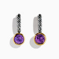 925 Sterling Silver and 14K Yellow Gold Amethyst Bezel Drop Earrings featuring twisted silver hoops and round faceted amethyst gemstones displayed on a white background.