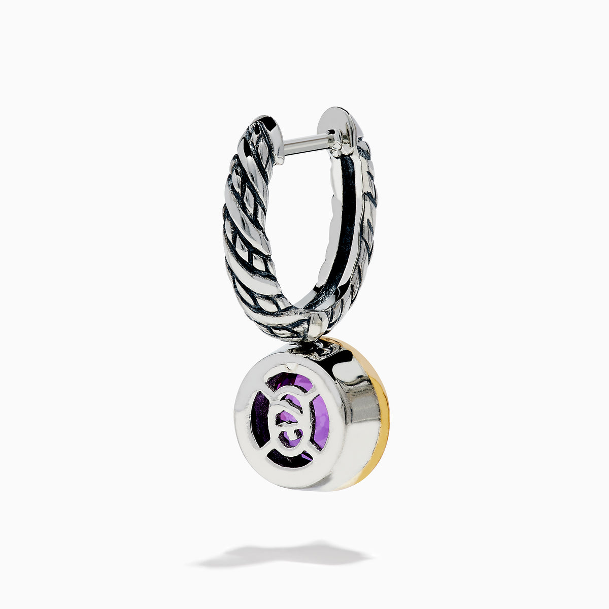 925 Sterling Silver and 14K Yellow Gold Amethyst Bezel Drop Earrings featuring twisted silver hoops and round faceted amethyst gemstones displayed on a white background.