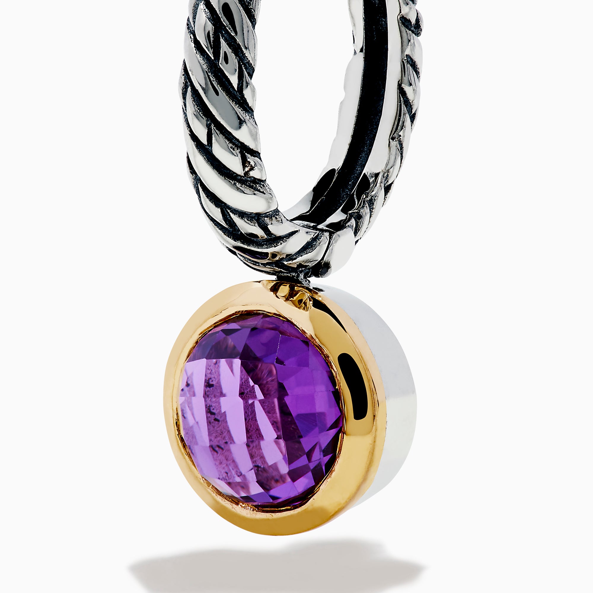 925 Sterling Silver and 14K Yellow Gold Amethyst Bezel Drop Earrings featuring twisted silver hoops and round faceted amethyst gemstones displayed on a white background.