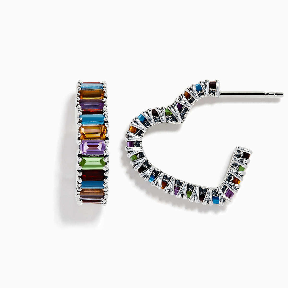 The Mosaic 925 Sterling Silver Multi Color Gemstone Heart Earrings feature a row of rectangular, multicolored gemstones, shown from the front and side to highlight their shimmering design.