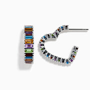 The Mosaic 925 Sterling Silver Multi Color Gemstone Heart Earrings feature a row of rectangular, multicolored gemstones, shown from the front and side to highlight their shimmering design.