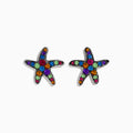 The Seaside 925 Sterling Silver Multi Color Gemstone Starfish Earrings feature vibrant blue, green, red, orange, and purple gemstones set in sterling silver with a starfish design against a white background.