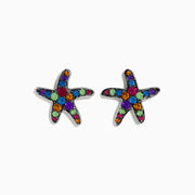 The Seaside 925 Sterling Silver Multi Color Gemstone Starfish Earrings feature vibrant blue, green, red, orange, and purple gemstones set in sterling silver with a starfish design against a white background.