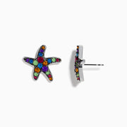 The Seaside 925 Sterling Silver Multi Color Gemstone Starfish Earrings feature vibrant blue, green, red, orange, and purple gemstones set in sterling silver with a starfish design against a white background.