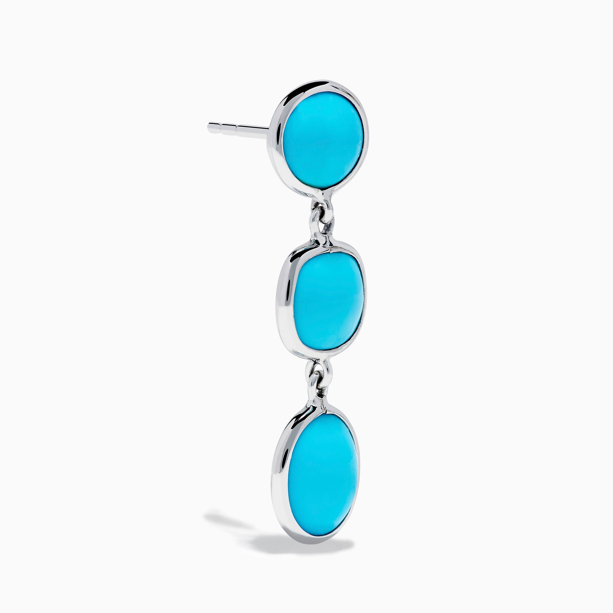 Add a modern touch to your jewelry with these 925 Sterling Silver Turquoise Drop Earrings, featuring three vibrant turquoise stones—round, square, and oval—set vertically in minimalist bezels.