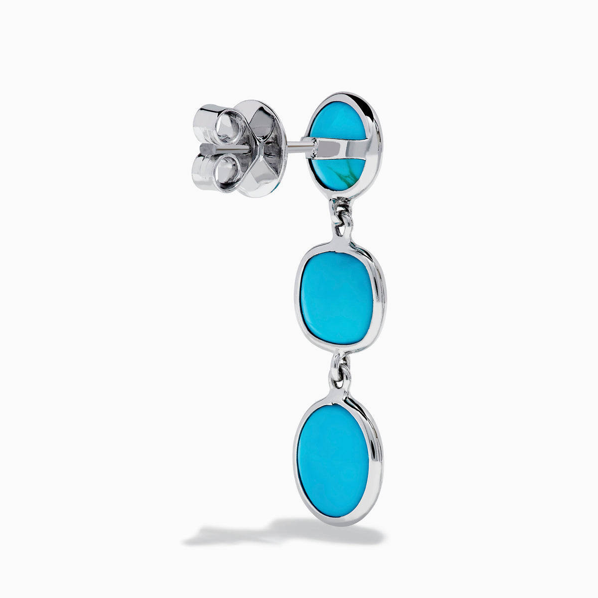 Add a modern touch to your jewelry with these 925 Sterling Silver Turquoise Drop Earrings, featuring three vibrant turquoise stones—round, square, and oval—set vertically in minimalist bezels.