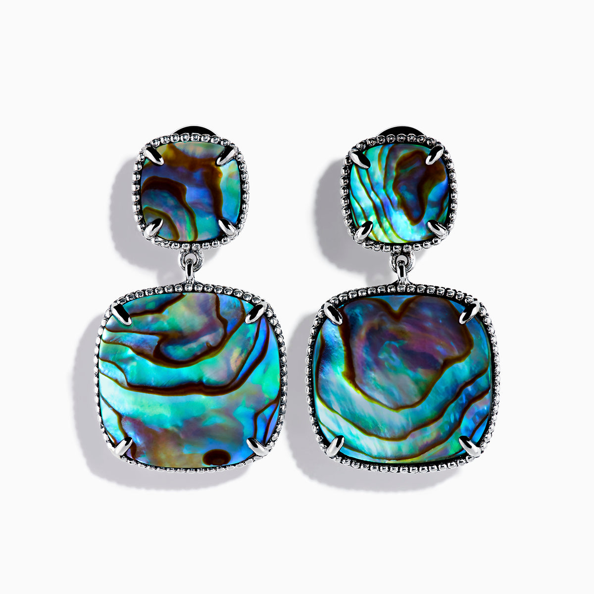 The 925 Sterling Silver Abalone Drop Earrings feature square abalone shell inlays with iridescent blue, green, and purple swirls in a double-drop design, shown against a white background.