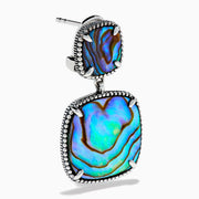 The 925 Sterling Silver Abalone Drop Earrings feature square abalone shell inlays with iridescent blue, green, and purple swirls in a double-drop design, shown against a white background.