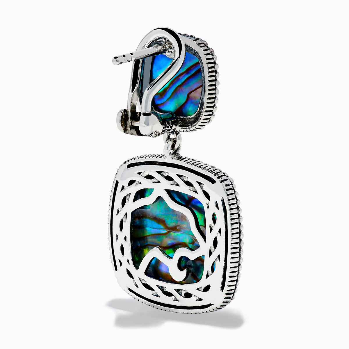 The 925 Sterling Silver Abalone Drop Earrings feature square abalone shell inlays with iridescent blue, green, and purple swirls in a double-drop design, shown against a white background.