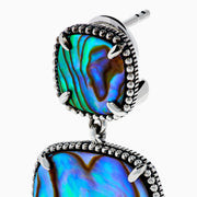The 925 Sterling Silver Abalone Drop Earrings feature square abalone shell inlays with iridescent blue, green, and purple swirls in a double-drop design, shown against a white background.