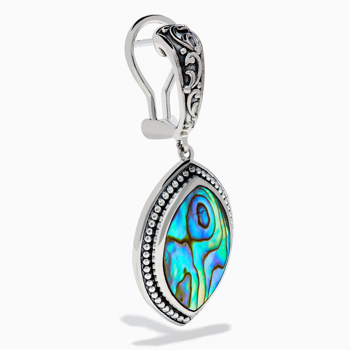 The 925 Sterling Silver Abalone Dangle Earrings feature ornate engraved tops and dangling marquise-shaped abalone shells bordered with silver beads, showcasing iridescent blue, green, and purple hues.